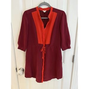 Fossil Red Orange Maroon Color Block 100% Silk Shift‎ Dress Size XS